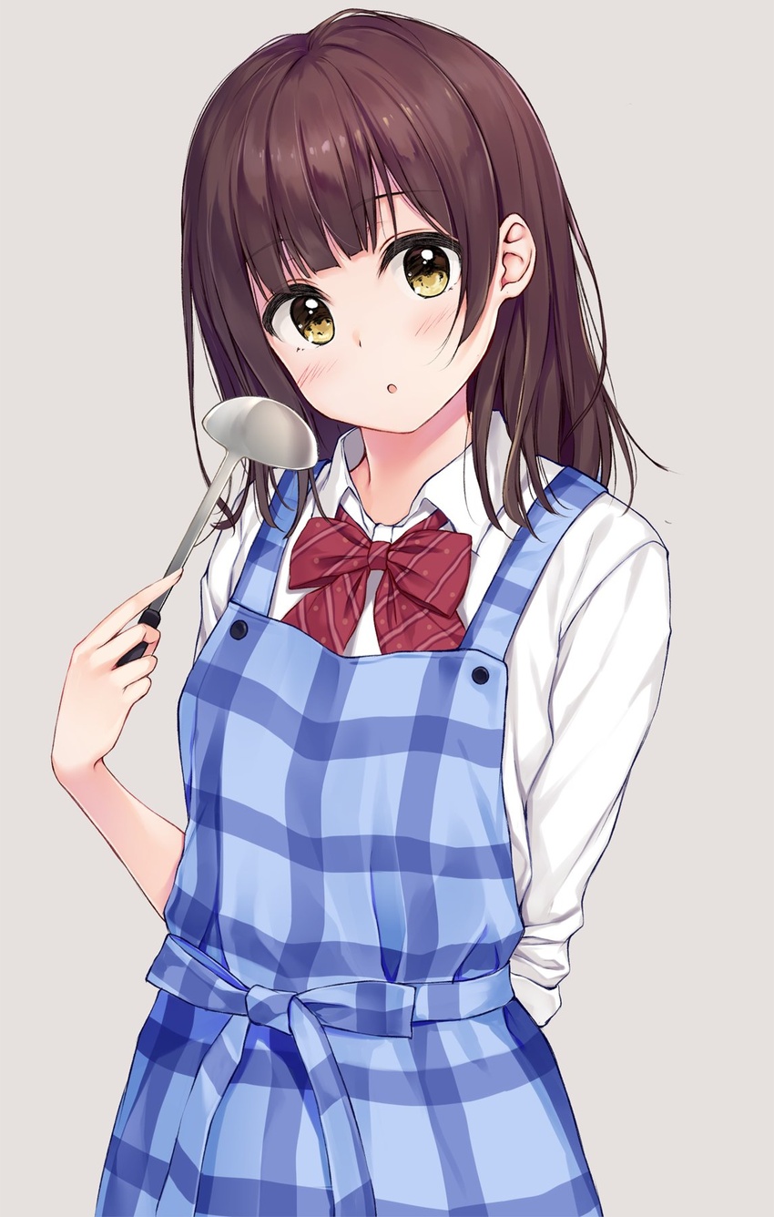 apron bad_id bad_twitter_id blue_apron blush breasts brown_hair female hige_wo_soru._soshite_joshikousei_wo_hirou. highres inactive_account long_sleeves medium_breasts ogiwara_sayu pasdar shirt solo white_shirt yellow_eyes