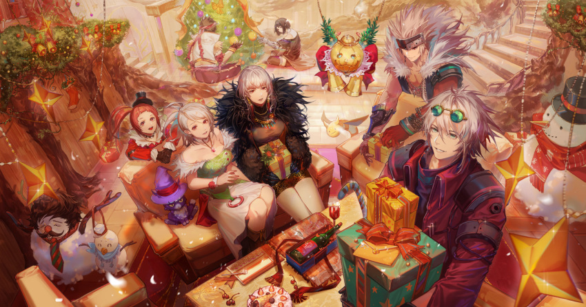 3boys 4girls christmas dungeon_and_fighter feline female_mage_(dungeon_and_fighter) female_priest_(dungeon_and_fighter) female_slayer_(dungeon_and_fighter) gift highres multiple_boys multiple_girls official_art party smile snowman third-party_source tree