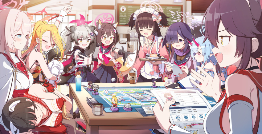 6+girls :3 :d animal_ear_fluff animal_ears apron black_choker black_gloves black_hair blonde_hair blue_archive blue_eyes blue_hair blue_sailor_collar blue_skirt blunt_bangs blush board_game bow braid bridal_gauntlets brown_hair cake cake_slice cape chise_(blue_archive) choker closed_eyes closed_mouth coffee_maker commentary cup detached_sleeves dice eyeshadow figure food fox_ears fox_girl fox_hair_ornament fox_tail frilled_kimono frills gloves green_tea grey_hair gun hair_over_one_eye halo highres holding holding_cup holding_paper horns indoors izuna_(blue_archive) japanese_clothes kaede_(blue_archive) kimono knees_up korean_commentary korean_text lap_pillow light_blush long_hair looking_at_another looking_down maid maid_headdress makeup menu_board michiru_(blue_archive) mimori_(blue_archive) mnnnya multicolored_hair multiple_girls neckerchief ninja ninjutsu_research_club_(blue_archive) oerba_yun_fang oni_horns open_mouth orange_tail paper partially_fingerless_gloves pina_(blue_archive) pink_eyes pink_eyeshadow pink_hair pink_horns pink_kimono pink_neckerchief playing_games pointy_ears print_kimono purple_eyes purple_hair purple_scarf raccoon_ears raccoon_girl raccoon_hair_ornament red_sailor_collar ribbon-trimmed_legwear ribbon_trim sailor_collar sash scarf shizuko_(blue_archive) short_hair sideless_outfit skirt sleeping sleeping_on_person sleeveless smile socks streaked_hair sweat table tabletop_rpg tail tea tray tsubaki_(blue_archive) tsukuyo_(blue_archive) twintails two_side_up upper_body wa_maid wavy_mouth weapon white_apron white_cape white_socks wide_sleeves yellow_eyes