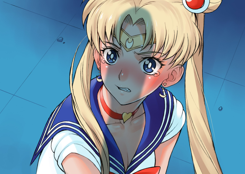 1boy bang-you bishoujo_senshi_sailor_moon bishoujo_senshi_sailor_moon_s blonde_hair blue_eyes blue_sailor_collar bow bowtie breasts choker circlet cleavage collarbone commentary crescent crescent_earrings derivative_work earrings female from_side hair_ornament hair_over_shoulder heart heart_choker highres jewelry long_hair magical_girl meme parted_bangs parted_lips penis_shadow red_bow red_bowtie red_choker sailor_collar sailor_moon sailor_moon_redraw_challenge_(meme) sailor_senshi_uniform school_uniform screenshot_redraw serafuku shadow straight sweatdrop tsukino_usagi twintails upper_body