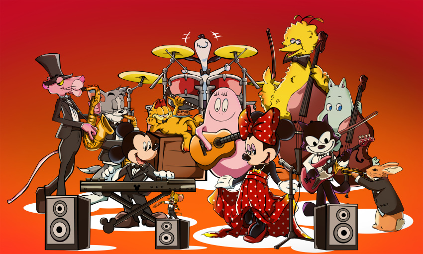 6+boys absurdres acoustic_guitar bad_id bad_pixiv_id band barbapapa barbapapa_(character) bass_guitar big_bird_(sesame_street) blue_eyes bow bowtie cello crossover disney double_bass dress drum drum_set electric_guitar felix_the_cat felix_the_cat_(series) female garfield garfield_(character) guitar hidden_mickey high_heels highres instrument jerry_(tom_and_jerry) keyboard_(instrument) mickey_mouse minnie_mouse moomin moomintroll multiple_boys multiple_crossover open_mouth peanuts_(comic) peter_rabbit peter_rabbit_(character) photoshop_(medium) polka_dot polka_dot_dress reo_j saxophone sesame_street smile snoopy speaker tail the_pink_panther the_pink_panther_(character) tom_(tom_and_jerry) tom_and_jerry toon_(style) trumpet tuxedo