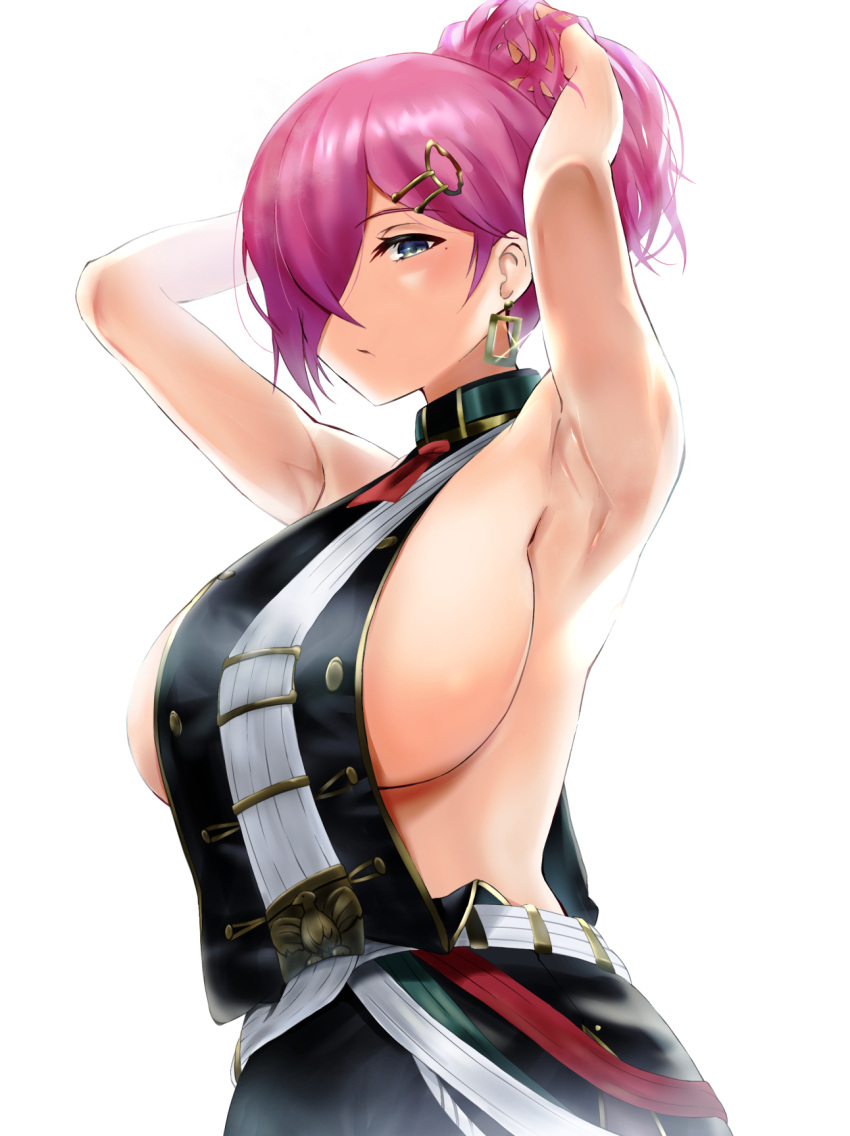 armpits arms_up azur_lane bare_shoulders black_legwear black_skirt breasts closed_mouth commentary_request cowboy_shot earrings female glint green_eyes hair_between_eyes hair_ornament hair_over_one_eye hairclip highres jewelry large_breasts long_hair looking_at_viewer miniskirt mole mole_under_eye neckerchief no_bra okame._(okame124) paid_reward_available partial_commentary pencil_skirt pink_hair ponytail red_neckerchief revealing_clothes sideboob sidelocks simple_background single_earring skirt solo standing tabard trieste_(azur_lane) tying_hair white_background