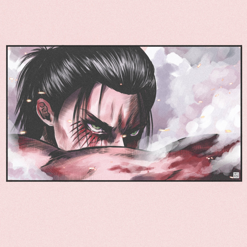 1boy angry black_hair eren_yeager facial_mark fallen_angel_(painting) fine_art_parody green_eyes hair_bun hair_pulled_back hair_slicked_back highres looking_at_viewer male_focus parody scar scar_on_face shingeki_no_kyojin single_hair_bun solo steam three_quarter_view urlcsss