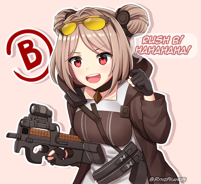 breasts bullpup choker commission counter-strike_(series) counter-strike_2 double_bun english_commentary eyewear_on_head female girls'_frontline gloves gun hair_bun highres light_brown_hair medium_breasts meme p90 p90_(girls'_frontline) partially_fingerless_gloves red_eyes rynzfrancis short_hair solo submachine_gun sunglasses weapon