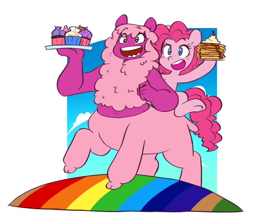 2021 absurd_res alpha_channel alternate_rainbow_pride_colors border camelid centaurworld colorful_theme crossover cupcake doodlemark duo earth_pony equid equine female feral food friendship_is_magic hair happy hasbro hi_res holding_food holding_object horse lgbt_pride llama mammal my_little_pony netflix open_mouth pancake pink_body pink_hair pinkie_pie_(mlp) pony pride_colors rainbow rainbow_pride_colors rainbow_symbol riding simple_background smile taur transparent_background transparent_border wammawink