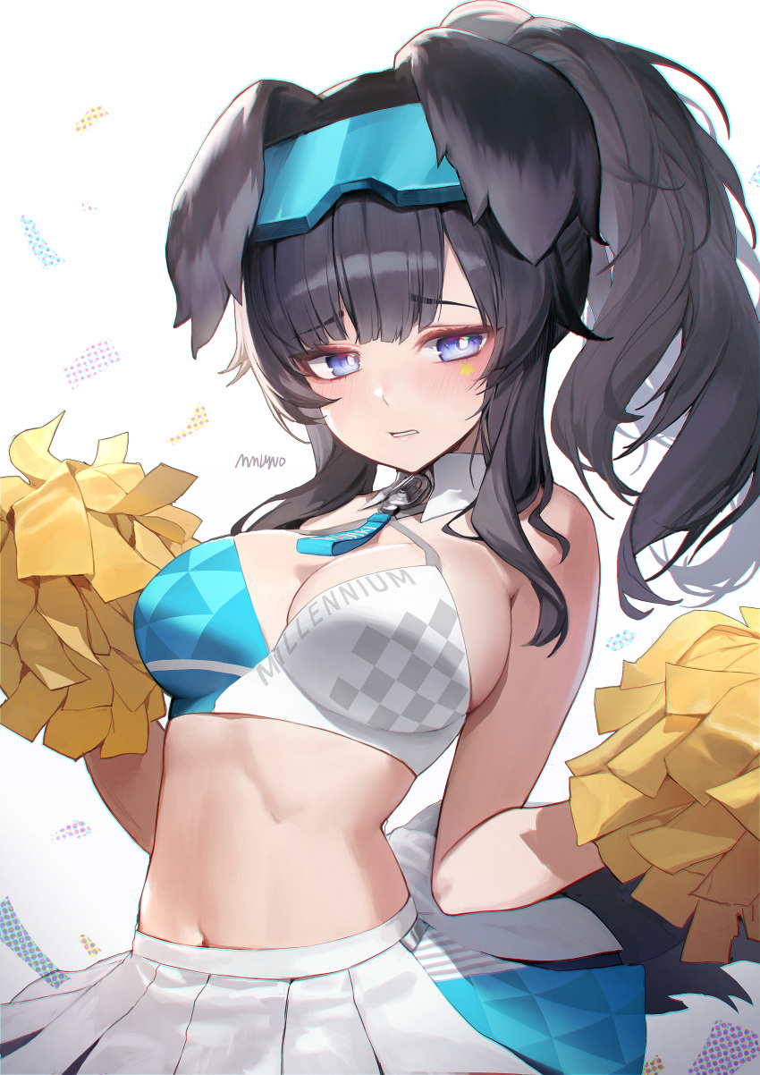 absurdres animal_ears bare_arms bare_shoulders black_hair blue_archive blue_eyes breasts cheerleader cleavage commentary crop_top embarrassed facial_mark female goggles goggles_on_head hibiki_(blue_archive) hibiki_(cheer_squad)_(blue_archive) highres large_breasts long_hair looking_at_viewer midriff millennium_cheerleader_outfit_(blue_archive) miniskirt mmlyno navel official_alternate_costume pleated_skirt pom_pom_(cheerleading) ponytail simple_background skirt solo star_(symbol) stomach upper_body white_background white_skirt