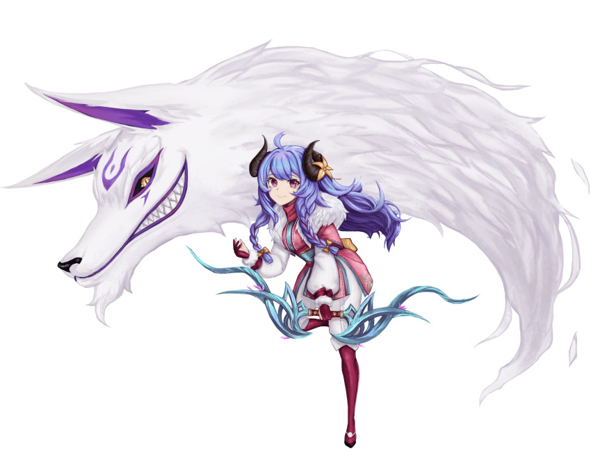 absurdres blue_hair bow_(weapon) braid closed_mouth copy_(kjkjant) curled_horns female gloves highres holding holding_weapon horns kindred_(league_of_legends) lamb_(league_of_legends) league_of_legends long_hair long_sleeves looking_at_viewer no_mask pantyhose pantyhose_under_shorts purple_eyes shorts spirit_blossom_(league_of_legends) spirit_blossom_kindred twin_braids weapon white_background white_shorts wolf_(league_of_legends)