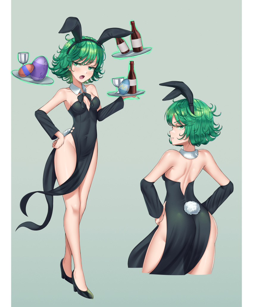 absurdres alcohol animal_ears averting_eyes bare_shoulders black_dress black_footwear black_ribbon black_sleeves bottle breasts cleavage commentary cropped_legs cup curly_hair detached_collar detached_sleeves dress drinking_glass easter_egg egg english_commentary fake_animal_ears fake_tail female flipped_hair floating floating_object from_behind green_eyes green_hair hands_on_own_hips high_heels highres holding holding_tray legs levitation looking_at_viewer mixed-language_commentary multiple_views neck_ribbon one-punch_man open_mouth parted_lips pietrosatou pillarboxed psychic rabbit_ears rabbit_tail ribbon side_slit small_breasts standing strapless strapless_dress tail tatsumaki telekinesis tray turning_head v-shaped_eyebrows wine wine_bottle wine_glass