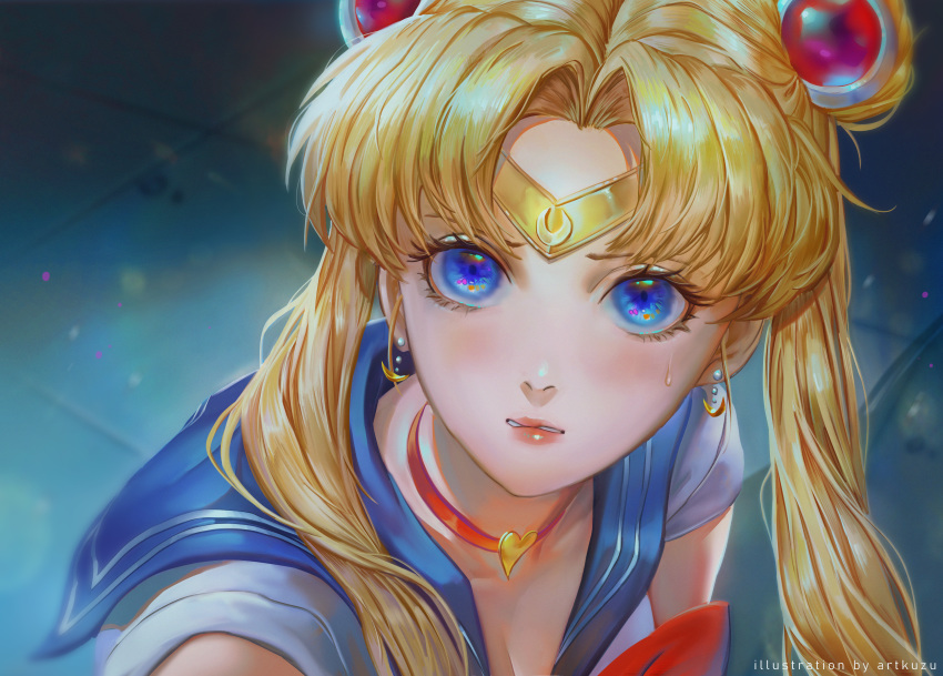 absurdres artist_name artofkuzu bishoujo_senshi_sailor_moon bishoujo_senshi_sailor_moon_s biting_own_lip blonde_hair blue_eyes blue_sailor_collar blush bow breasts choker circlet cleavage collarbone crescent crescent_earrings derivative_work diadem double_bun earrings eyelashes female hair_bun hair_ornament hair_over_shoulder heart heart_choker highres jewelry leotard lips long_hair looking_at_viewer magical_girl meme parted_bangs photoshop_(medium) red_bow red_choker red_lips sailor_collar sailor_moon sailor_moon_redraw_challenge_(meme) sailor_senshi_uniform screenshot_redraw short_sleeves solo sweatdrop tsukino_usagi twintails upper_body white_leotard