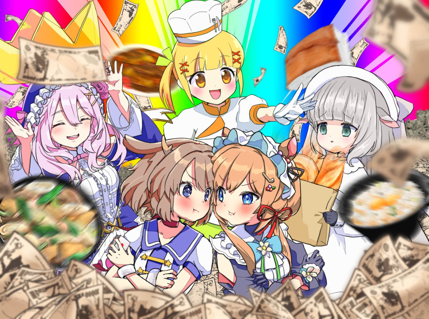 .live 5girls animal_ears artist_request basket blue_eyes blurry blurry_foreground bread brown_hair closed_eyes cookpad cookpad-tan crossed_arms crown eli_conifer fensi food gloves grey_hair hair_between_eyes hair_ornament highres indie_virtual_youtuber kano_(utaite) long_hair looking_at_another merry_milk money multiple_girls nijisanji sephira_su virtual_youtuber