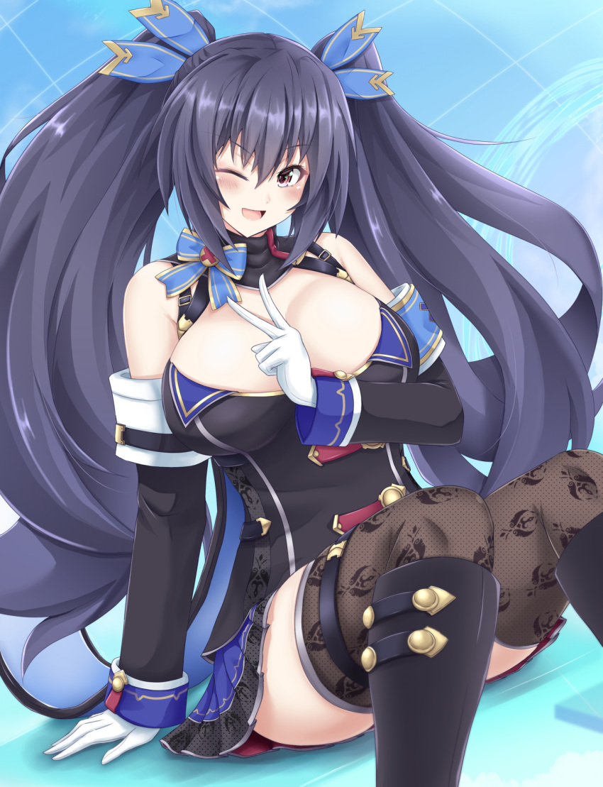 ;d alternate_breast_size black_footwear black_hair boots breasts choujigen_game_neptune cleavage female gloves hand_on_ground highres knee_boots large_breasts long_hair looking_to_the_side neptune_(series) noire_(neptunia) one_eye_closed open_mouth pink_eyes seshiro_(which501) smile solo thighhighs thighs v very_long_hair white_gloves