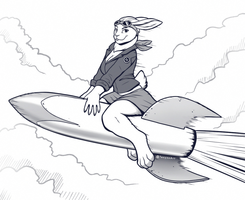 2020 4_toes 5_fingers anthro barefoot breasts cleavage clothed clothing digital_media_(artwork) eyebrows eyelashes feet female fingers lagomorph leporid mammal monochrome rabbit rocket rocket_ship smile solo tenynn toes