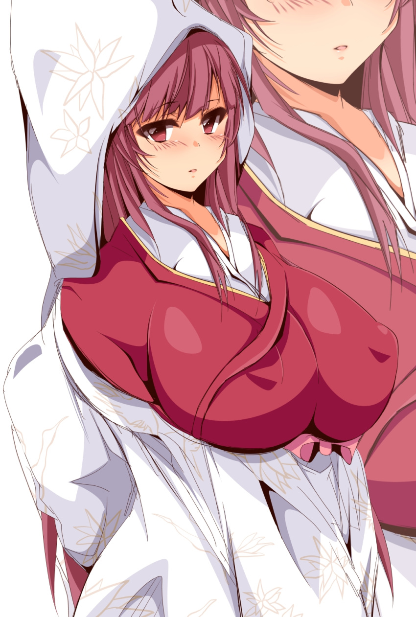 alternate_breast_size breasts brown_eyes brown_hair commentary_request covered_nipples female highres huge_breasts japanese_clothes kamikaze_(kancolle) kanbayashi_chiko kantai_collection looking_at_viewer open_mouth red_shirt shirt sidelocks simple_background skirt standing white_background white_skirt zoom_layer