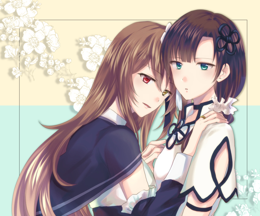 2girls aqua_background aqua_eyes arm_cutout arm_strap assault_lily black_capelet black_hair black_ribbon black_sleeves blunt_bangs capelet china_dress chinese_clothes clothing_cutout commentary_request detached_sleeves dress floral_background flower flower_knot frilled_sleeves frills from_side hair_between_eyes hair_flower hair_ornament hair_ribbon hair_scrunchie hand_on_another's_shoulder hand_up hands_up heads_together heterochromia highres holding_hands interlocked_fingers jewelry kuo_shenlin light_blush light_brown_hair long_hair looking_at_viewer looking_to_the_side multiple_girls parted_lips red_eyes ribbon ring school_uniform scrunchie shirt short_sleeves sidelocks smile tachibana_yuzuna tassel two-tone_background upper_body wang_yujia white_flower white_scrunchie white_shirt yellow_background yellow_eyes yuri yurigaoka_girls_academy_school_uniform