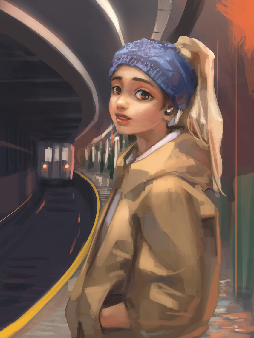 absurdres bandana blonde_hair blue_bandana brown_eyes contemporary earbuds earphones english_commentary female fine_art_parody girl_with_a_pearl_earring hair_through_headwear hands_in_pockets high_ponytail highres hood hood_down hoodie jamusien lips looking_at_viewer nose parody railroad_tracks solo thick_eyebrows three_quarter_view train train_station train_station_platform wireless_earphones yellow_hoodie