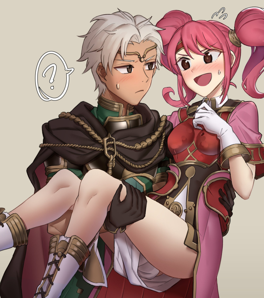 1boy :d absurdres armor bare_legs blush boey_(fire_emblem) breastplate brown_eyes cape carrying circlet dark-skinned_male dark_skin ebinku female fire_emblem fire_emblem_echoes:_shadows_of_valentia gloves grey_background highres mae_(fire_emblem) one_eye_closed open_mouth pink_hair princess_carry smile straight sweatdrop twintails white_hair