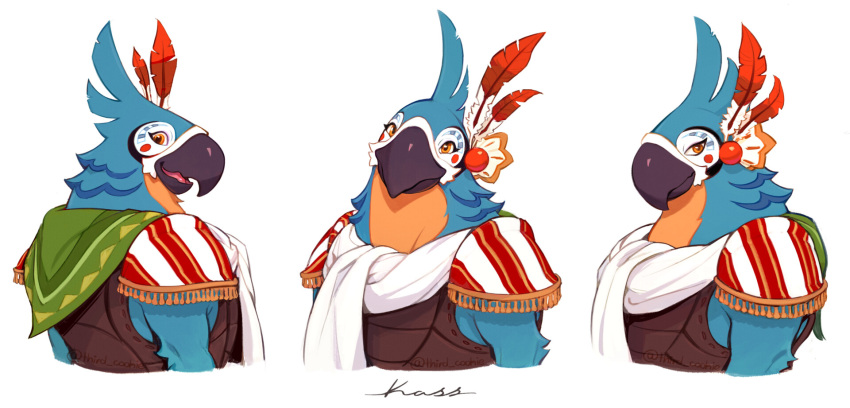 anthro avian beak bird blue_body blue_feathers breath_of_the_wild clothed clothing eyelashes feathers headgear headwear hi_res kass_(tloz) looking_at_viewer male multiple_poses nintendo open_mouth pose rito scarf shirt smile solo standing text the_legend_of_zelda third_cookie topwear yellow_body yellow_eyes yellow_feathers