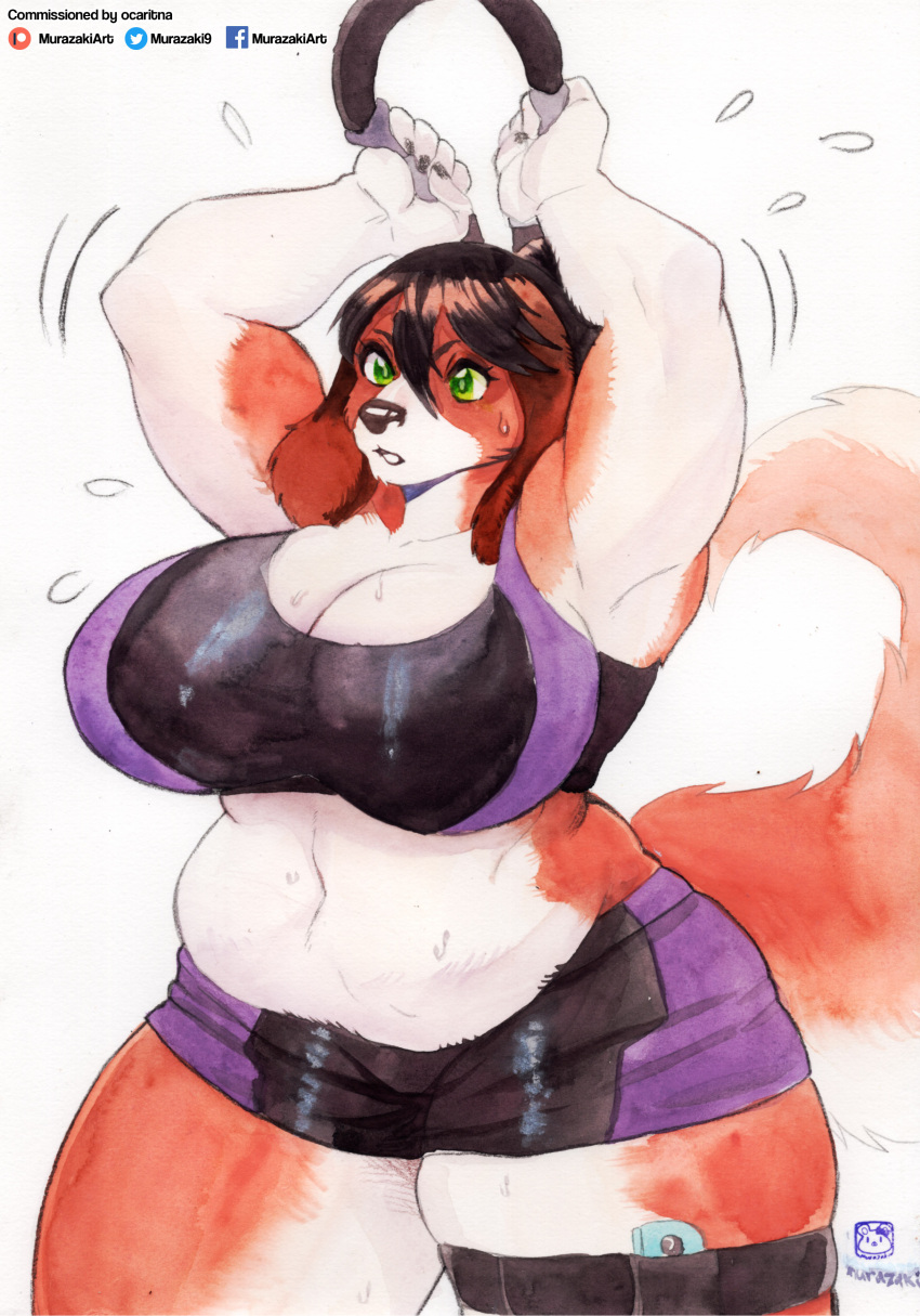 absurd_res anthro big_breasts bodily_fluids bon_bon_(ocaritna) bra breasts canid canine clothing curvy_figure exercise female fur green_eyes hair hi_res mammal midriff murazaki muscular muscular_arms navel painting_(artwork) simple_background solo sports_bra standing sweat sweatdrop thick_thighs traditional_media_(artwork) underwear voluptuous watercolor_(artwork) weightlifting white_background wide_hips workout