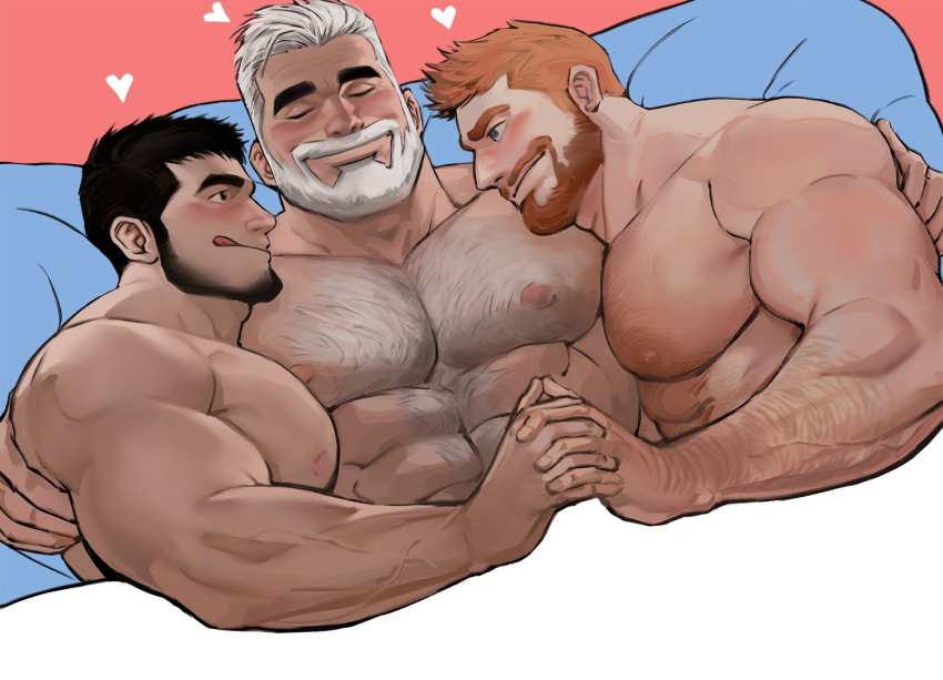 3boys :q abs bara beard black_hair blue_eyes blush body_hair boy_sandwich chest_hair completely_nude dopey_(dopq) eye_contact facial_hair group_sex heart holding_hands interlocked_fingers large_pectorals looking_at_another male_focus mature_male mmm_threesome multiple_boys muscular muscular_male nipples nude old old_man on_bed orange_hair original pectorals sandwiched short_hair stomach thick_eyebrows threesome tongue tongue_out upper_body white_hair yaoi