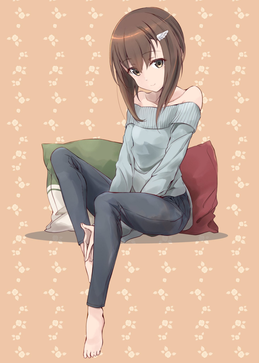 alternate_costume barefoot brown_eyes brown_hair denim female full_body grey_pants grey_sweater hair_ornament hairclip highres invisible_chair jeans kantai_collection looking_at_viewer minosu off-shoulder_sweater off_shoulder orange_background pants pillow short_hair short_hair_with_long_locks sitting solo sweater taihou_(kancolle)