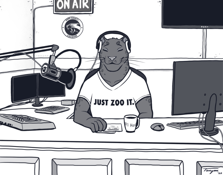 2020 5_fingers anthro closed_eyes clothed clothing coffee_mug computer computer_keyboard computer_monitor computer_mouse desk digital_media_(artwork) electronics english_text felid feline fingers furniture headphones keyboard male mammal microphone mixing_console nike print_clothing print_shirt print_t-shirt print_topwear radio_station shirt sitting smile solo t-shirt table tenynn text text_on_t-shirt topwear working