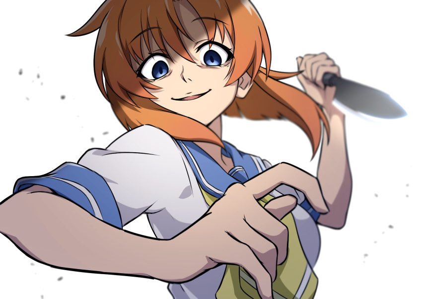 blue_eyes blue_sailor_collar blunt_ends blurry commentary_request crazy_smile depth_of_field eyelashes eyes_visible_through_hair female fighting_stance foreshortening hair_between_eyes hand_up highres higurashi_no_naku_koro_ni holding holding_knife incoming_attack knife looking_at_viewer looking_down medium_hair neckerchief nishizuki_shino open_mouth orange_hair ryuuguu_rena sailor_collar school_uniform serafuku shirt short_sleeves simple_background smile solo upper_body uso_da white_background white_shirt yellow_neckerchief