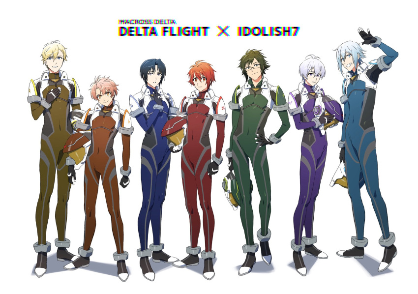 6+boys blonde_hair blue_eyes blue_hair clenched_hand copyright_name english_commentary glasses hand_on_own_hip head_tilt helmet highres holding holding_helmet idolish7 idolish7_(idolish7) izumi_iori izumi_mitsuki looking_at_viewer macross macross_delta male_focus mixed-language_commentary mosako multiple_boys nanase_riku nikaido_yamato open_hand osaka_sougo pink_hair purple_hair rokuya_nagi smile unworn_headwear unworn_helmet v-shaped_eyebrows yotsuba_tamaki