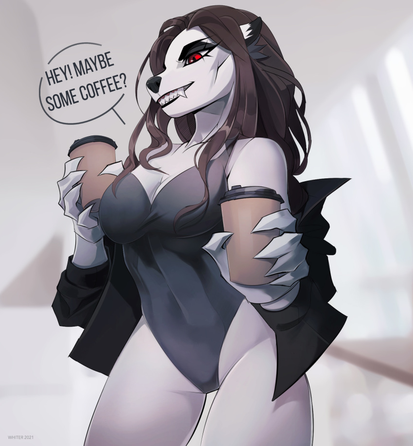 2021 5_fingers anthro black_nose breasts brown_hair canid canine clothed clothing digital_media_(artwork) eyebrows eyelashes female fingers hair hi_res leotard mammal red_eyes smile solo standing teeth unknowhiter