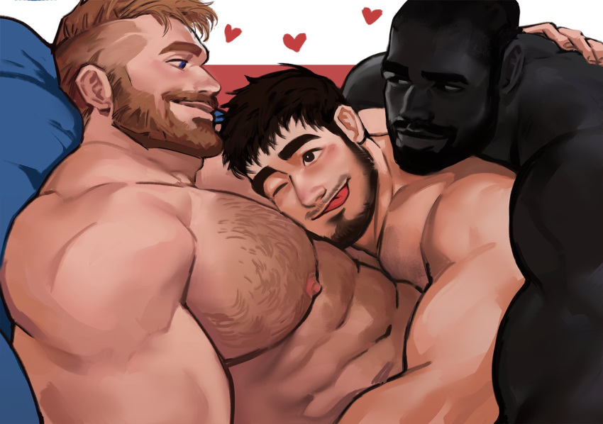 3boys :q abs bara beard black_skin blue_eyes blush body_hair boy_sandwich brown_hair chest_hair colored_skin commentary completely_nude dark-skinned_male dark_skin dopey_(dopq) face_to_pecs facial_hair group_sex hairy head_on_chest interracial large_pectorals light_brown_hair lying lying_on_person male_focus mature_male mmm_threesome multiple_boys muscular muscular_male nipples nude on_back on_bed on_person original pectoral_pillow pectorals sandwiched short_hair stomach symbol-only_commentary thick_eyebrows threesome tongue tongue_out undercut yaoi