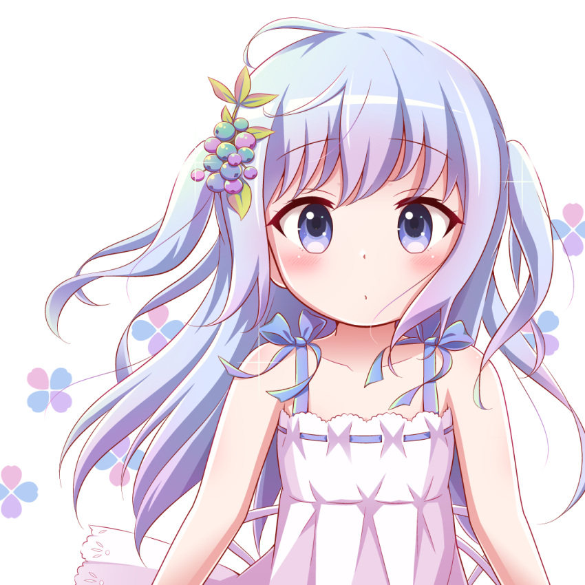 bare_arms bare_shoulders blue_eyes blue_hair blueberry_hair_ornament blush closed_mouth collarbone commentary_request dress female floral_background food-themed_hair_ornament glint gochuumon_wa_usagi_desu_ka? goth_risuto hair_ornament kafuu_chino long_hair looking_at_viewer revision ribbon-trimmed_dress simple_background sleeveless sleeveless_dress solo two_side_up very_long_hair white_background white_dress