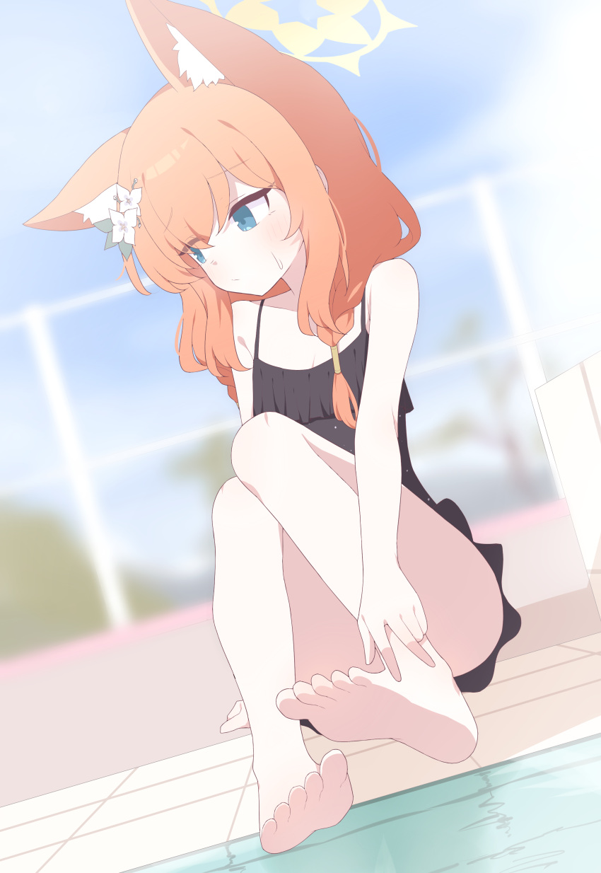 absurdres animal_ears bare_arms bare_legs bare_shoulders barefoot black_one-piece_swimsuit blue_archive blue_eyes commentary feet female fox_ears hagoonha halo highres mari_(blue_archive) mari_(swimsuit)_(blue_archive) official_alternate_costume one-piece_swimsuit orange_hair soles swimsuit thighs toes yellow_halo