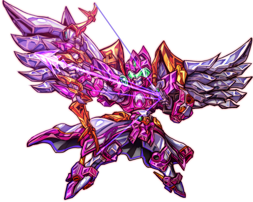 angelg arrow_(projectile) assault_visor bow_(weapon) chibi energy_arrow female full_body highres holding holding_bow_(weapon) holding_weapon looking_up mecha mechanical_wings no_humans robot science_fiction super_robot_wars super_robot_wars_advance super_robot_wars_original_generation uungunover weapon white_background wings