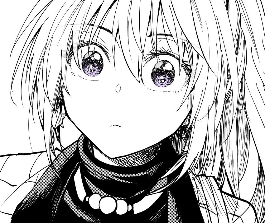 bukiyou_na_senpai commentary earrings female frown highres jacket jewelry kannawa_azusa kudou_makoto looking_at_viewer looking_up monochrome portrait purple_eyes solo spot_color star_(symbol) star_earrings sweater white_background