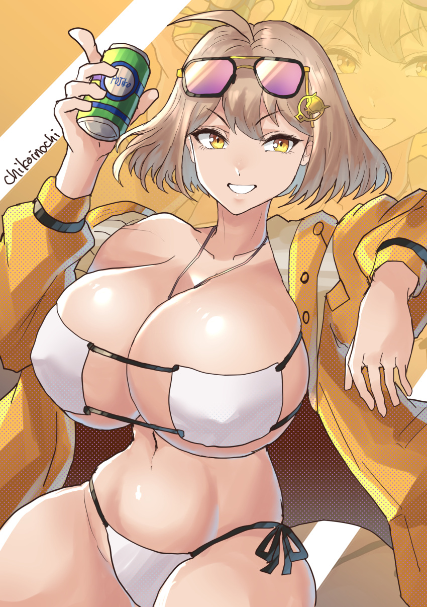 ahoge anis_(nikke) anis_(sparkling_summer)_(nikke) bare_shoulders bikini blush breasts can chikoinochi cleavage collarbone drink_can eyepatch_bikini eyewear_on_head female goddess_of_victory:_nikke grin highres jacket jewelry large_breasts light_brown_hair long_sleeves looking_at_viewer navel necklace off_shoulder official_alternate_costume open_clothes open_jacket short_hair smile soda_can solo sunglasses swimsuit thighs white_bikini yellow_eyes yellow_jacket