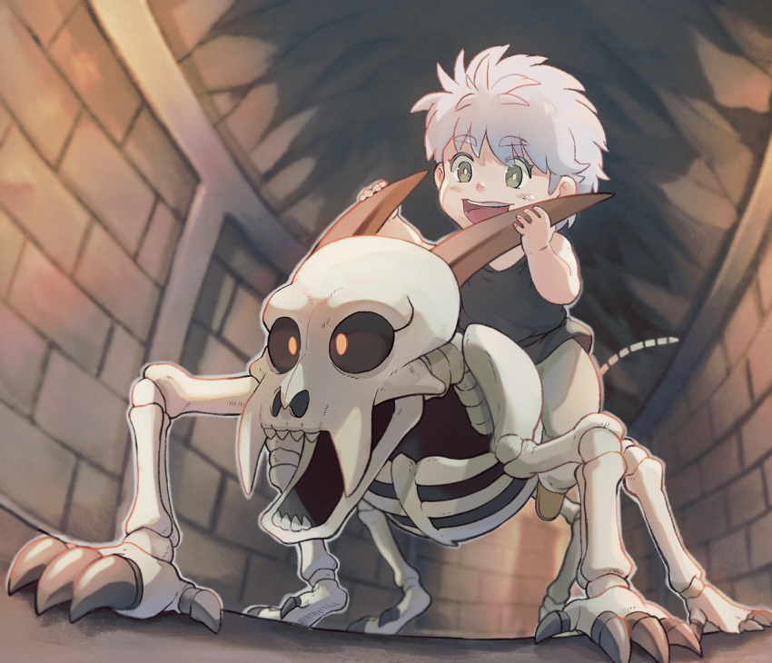 1boy aged_down all_fours animal_skeleton arm_guards b-saku black_sclera black_shirt brick_wall ceiling colored_sclera dragon_quest dragon_quest_dai_no_daibouken fangs from_below green_eyes grey_hair happy horn_grab horns hyunkel indoors lolicon looking_at_another male_focus open_mouth pants riding shirt shoes short_hair sleeveless sleeveless_shirt