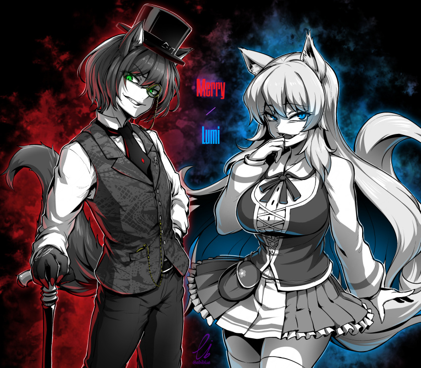 1boy animal_ear_fluff animal_ears astraline blue_eyes breasts cane character_name commission dog_boy dog_ears dog_tail ebiblue female gesugao green_eyes greyscale_with_colored_background hat highres holding holding_cane indie_virtual_youtuber large_breasts long_hair lumi_(merryweather) merry_(merryweather) monocle neck_ribbon neckerchief open_mouth pants parted_lips pleated_skirt pouch ribbon shirt signature skeb_commission skirt slit_pupils spot_color tail thighhighs top_hat twitter_username virtual_youtuber waistcoat wolf_ears wolf_girl wolf_tail