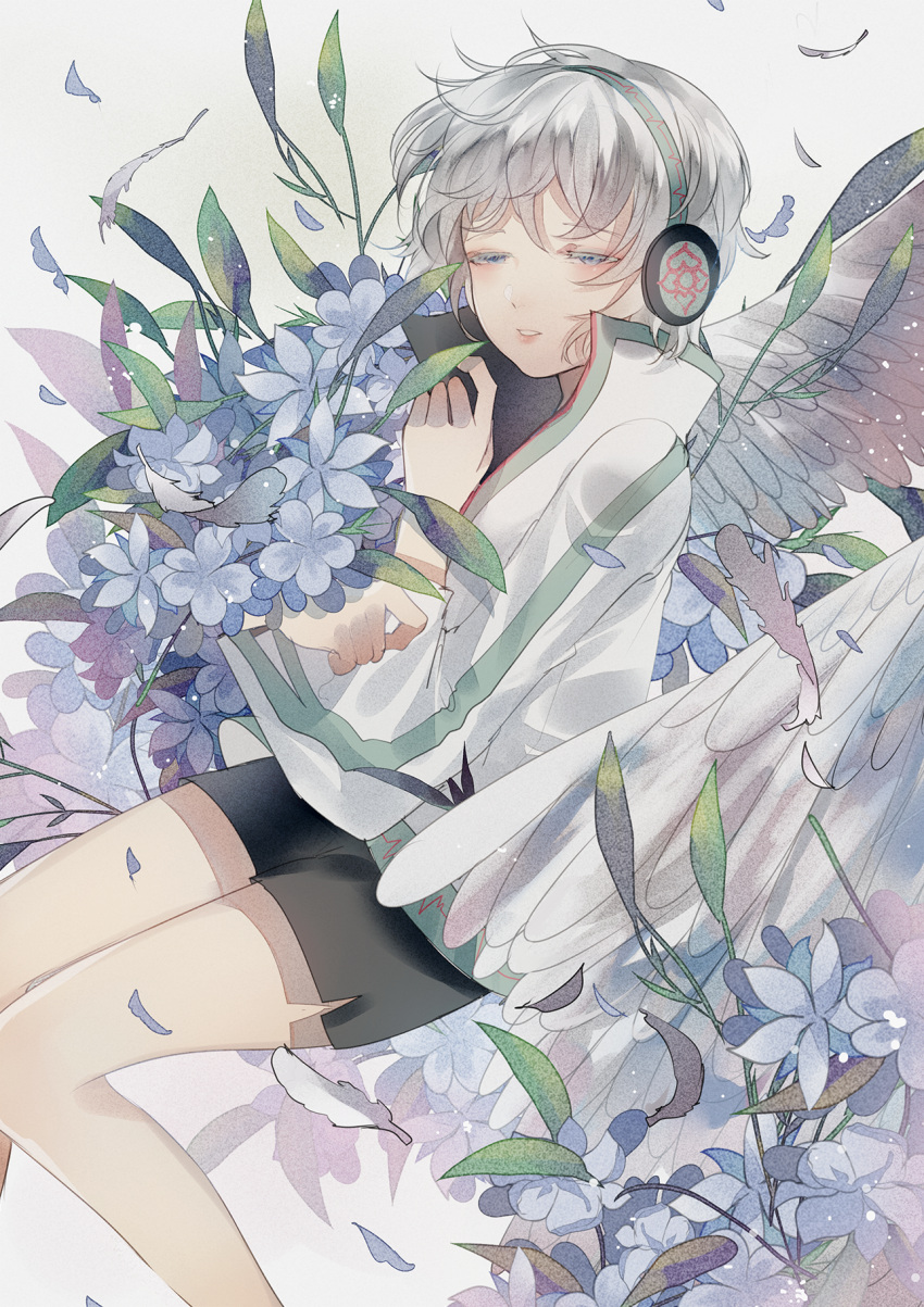 bare_legs black_skirt blue_eyes blue_flower commentary female film_grain flower grey_background half-closed_eyes hand_up headphones highres leaf light_particles long_sleeves looking_at_viewer lying miniskirt on_side parted_lips petals purple_flower shirt short_hair skirt solo symbol-only_commentary tadatsu vocaloid vsinger white_hair white_shirt yanhe