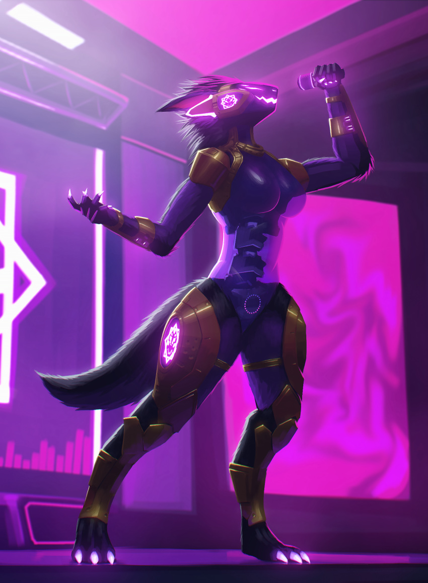 anthro armor black_body black_fur black_tail breasts claws electronics female fur gold_(metal) gold_armor hi_res machine malva_(roifantome) microphone performance popstar protogen purple_body purple_claws purple_eyes purple_light purple_tail robot roifantome screen singing solo spotlight stage synthpara tail virus visor