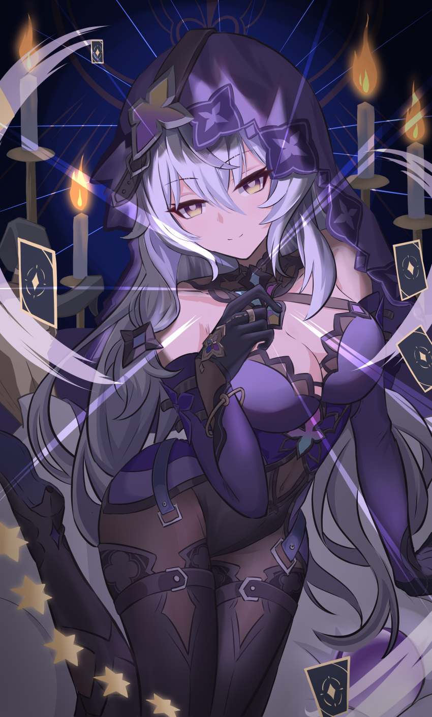 absurdres aichinaigai bare_shoulders black_gloves black_swan_(honkai:_star_rail) bodystocking breasts candle card cleavage covered_navel dress elbow_gloves female floating gloves grey_hair hair_between_eyes highres honkai:_star_rail honkai_(series) large_breasts long_hair purple_dress purple_gloves sleeveless sleeveless_dress solo veil very_long_hair yellow_eyes