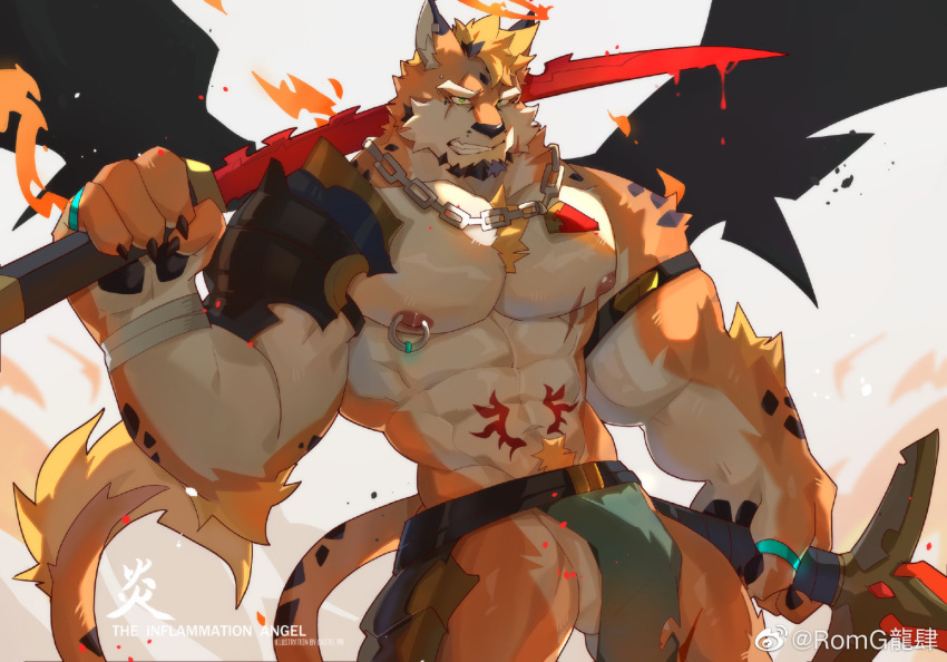 1boy abs animal_ears armor bara black_wings bulge chain_necklace chains cowboy_shot dual_wielding facial_hair furry furry_male goatee gyee holding holding_sword holding_weapon jaguar_boy jaguar_ears jewelry kasudachan large_pectorals looking_ahead male_focus mature_male muscular muscular_male navel necklace nipples original over_shoulder pauldrons pectorals pelvic_curtain revealing_clothes romg romg_the_jaguar sanpaku second-party_source short_hair shoulder_armor single_pauldron solo stomach sword thick_eyebrows tsurime v-taper weapon weapon_over_shoulder wings