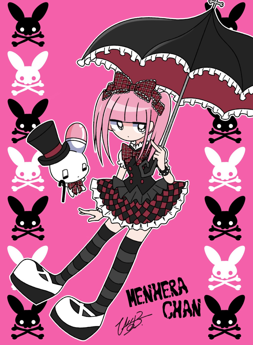 animal artist_name black_eyes black_shirt black_skirt black_thighhighs black_umbrella blunt_bangs bow cane character_name checkered_clothes checkered_skirt closed_mouth collar commentary_request copyright_name expressionless ezaki_bisuko female frilled_skirt frills goth_fashion gothic_lolita hat highres holding holding_cane holding_umbrella horizontal-striped_thighhighs jitome lolita_fashion menhera-chan_(ezaki_bisuko) menhera-chan_(ezaki_bisuko)_(character) middle_finger official_art outline pink_background pink_hair plaid plaid_bow puffy_short_sleeves puffy_sleeves rabbit red_bow red_skirt shirt short_sleeves short_twintails sidelocks signature simple_background skirt skull spiked_collar spikes striped_clothes striped_thighhighs thighhighs top_hat twintails umbrella usatan_(ezaki_bisuko) white_footwear white_outline