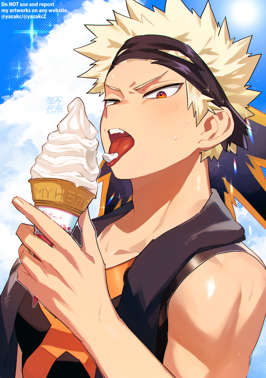 1boy absurdres bakugou_katsuki black_tank_top black_towel blonde_hair boku_no_hero_academia cloud day domino_mask food food_in_mouth highres holding holding_ice_cream_cone ice_cream ice_cream_cone large_pectorals male_focus mask mask_lift muscular muscular_male open_mouth outdoors pectorals red_eyes short_hair sky solo spiked_hair tank_top tongue tongue_out towel towel_around_neck twitter_username yazaki_(yazakc)