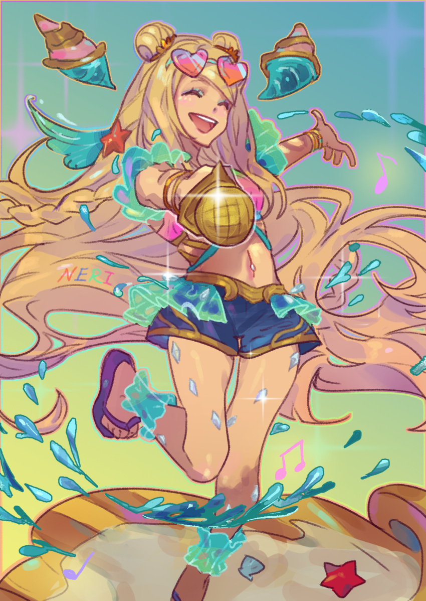 :d ^_^ artist_name blonde_hair closed_eyes double_bun eyewear_on_head female flip-flops hair_bun hair_ornament highres league_of_legends leg_up long_hair microphone musical_note neri_(neri23152939) ocean_song_seraphine open_mouth sandals seraphine_(league_of_legends) shorts smile solo sunglasses tan very_long_hair