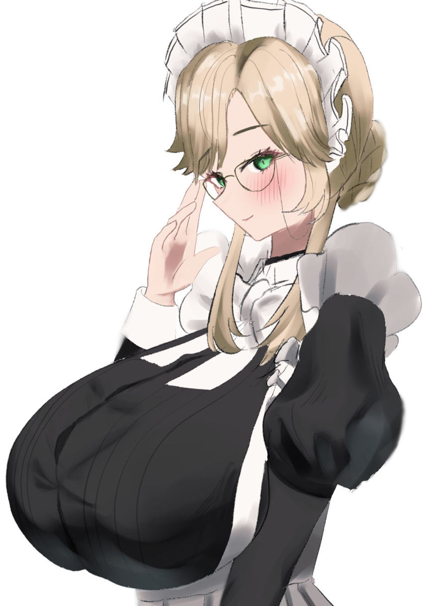 ade_(nikke) adjusting_eyewear apron black_dress blonde_hair blush bow bowtie braid breasts closed_mouth commentary_request dress female from_side glasses goddess_of_victory:_nikke green_eyes highres huge_breasts juliet_sleeves long_hair long_sleeves looking_at_viewer maid maid_headdress metoranran puffy_sleeves sidelocks smile solo upper_body white_apron white_bow white_bowtie