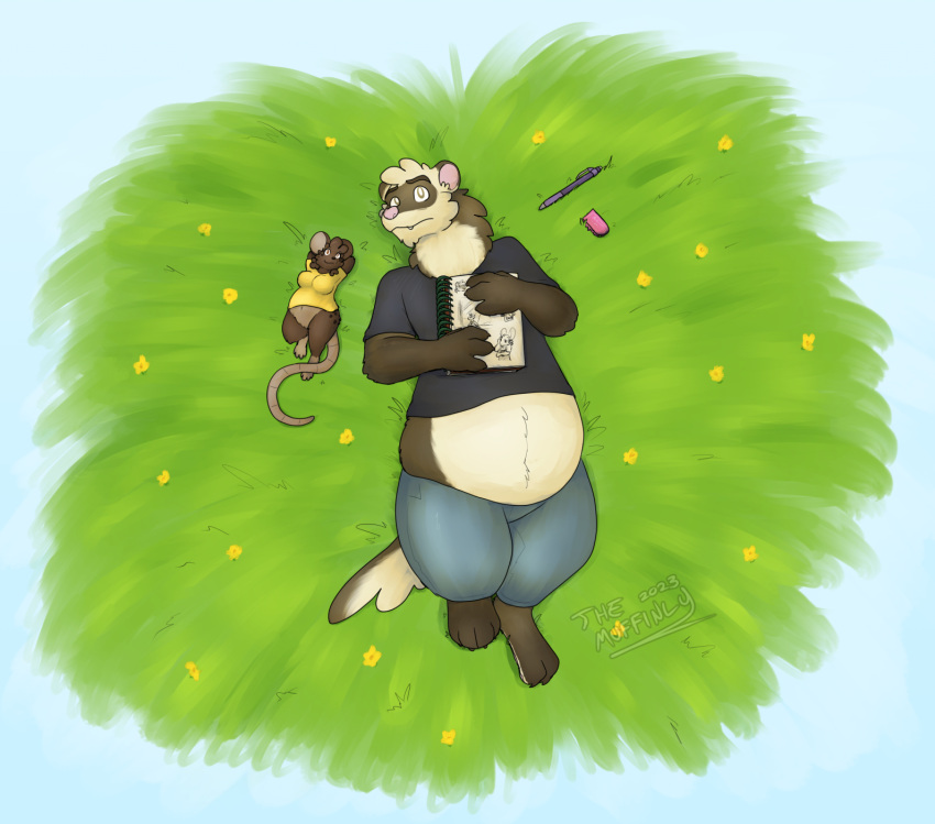 anthro ashley_(themuffinly) belly bottomless bottomless_female clothed clothed_anthro clothed_female clothed_male clothing domestic_ferret duo eraser female female_(lore) female_anthro flower fluffy grass hi_res larger_anthro larger_clothed larger_male lying male male_(lore) male_anthro mammal mechanical_pencil mouse muffin_(themuffinly) murid murine mustelid musteline notebook on_back pencil_(object) plant relaxing rodent size_difference smaller_anthro smaller_clothed smaller_female themuffinly true_musteline weasel