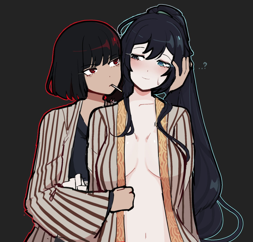 ...? 2girls black_eyes black_hair black_shirt blue_eyes blunt_bangs blush bob_cut breasts brown_background e.g.o_(project_moon) genderswap_(mtf) hand_in_another's_hair haori heterochromia high_ponytail highres hong_lu_(project_moon) jacket japanese_clothes limbus_company long_hair long_sleeves medium_breasts multiple_girls naked_jacket navel open_clothes open_jacket outline project_moon red_eyes rule_63 ryoshu_(project_moon) shirt short_hair smoking striped_clothes upper_body vertical-striped_clothes very_long_hair yumeyuk0 yuri