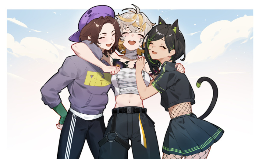 2boys animal_ear_fluff animal_ears bandaged_neck bandages belt black_belt black_hair black_pants black_skirt blonde_hair bodysuit brown_hair cat_ears cat_tail character_request closed_eyes cloud crop_top cross-laced_clothes cross-laced_top earrings female fishnet_bodysuit fishnets green_hair grey_hair hat heart heart_earrings highres hood hood_down hoodie hug indie_virtual_youtuber jewelry midriff multicolored_hair multiple_boys navel open_mouth pants pickled_matt pleated_skirt purple_hat purple_hoodie scar scar_on_chest sechipuu second-party_source short_hair skirt sky space_print starry_sky_print streaked_hair sunny_splosion tail