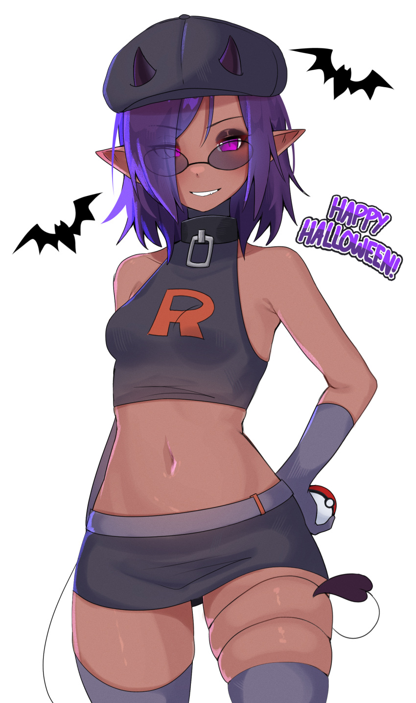 absurdres armpit_crease bare_shoulders cowboy_shot dark-skinned_female dark_skin demon_girl demon_horns demon_tail female glasses gloves grey_gloves grey_thighhighs halloween hand_on_own_hip highres holding holding_poke_ball horns miniskirt navel nyaivie original pointy_ears poke_ball poke_ball_(basic) purple_eyes purple_hair short_hair skirt tail tail_around_own_leg tail_wrap team_rocket team_rocket_uniform thighhighs venym_(scrapyardsatyr)