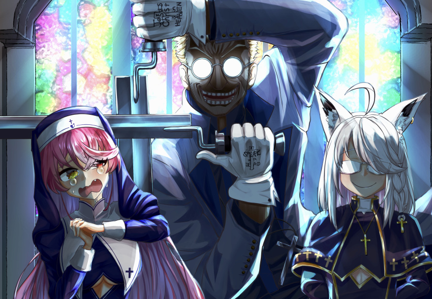 1boy 2girls absurdres ahoge alexander_anderson animal_ear_fluff animal_ears braid breasts church cleavage_cutout clothing_cutout commentary_request cross cross_necklace earrings fox_ears fox_girl glasses gloves hair_between_eyes hellsing heterochromia highres holding holding_weapon hololive houshou_marine indoors jewelry long_hair looking_at_viewer medium_breasts multiple_girls necklace nun open_mouth priest red_eyes red_hair shirakami_fubuki sidelocks single_braid small_breasts smile tacos24185336 tearing_up teeth virtual_youtuber wavy_mouth weapon white_gloves white_hair yellow_eyes