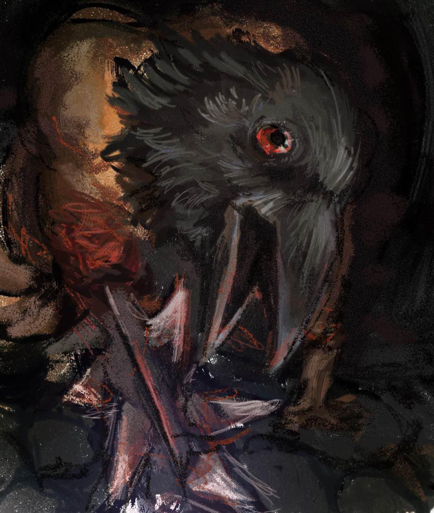 2024 4_fingers amputee animal_head animal_humanoid avian avian_humanoid beak bird bird_humanoid black_beak black_body black_feathers colored corvid corvid_humanoid corvus_(genus) corvus_humanoid crawling crow crow_humanoid crow_mauler disability fear_and_hunger feathers fingers for_a_head glistening glistening_body glistening_eyes hand_on_ground hi_res humanoid looking_at_viewer male melee_weapon muscular muscular_humanoid muscular_male open_beak open_mouth oscine passerine racmik red_sclera shaded solo spikes stone_floor weapon weapon_arm white_body white_skin